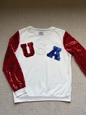 USA Sequin Sleeve Sweatshirt - Red, White & Blue